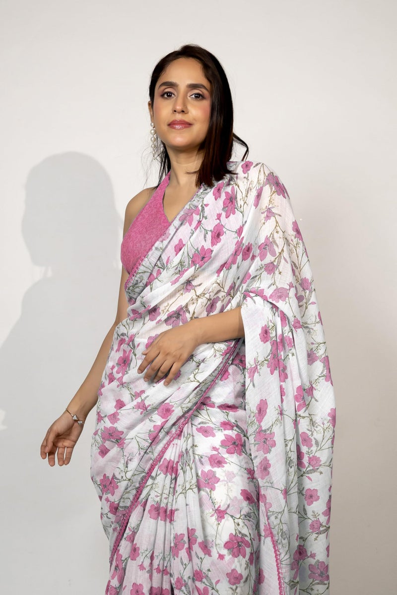 MIRCHI FASHION Saree for Woman Cotton Blend Floral Printed | Traditional Ethnic Sari for Farewell and Occasional Wear with Blouse Piece (White, Light Pink, Olive Green) - Image 5