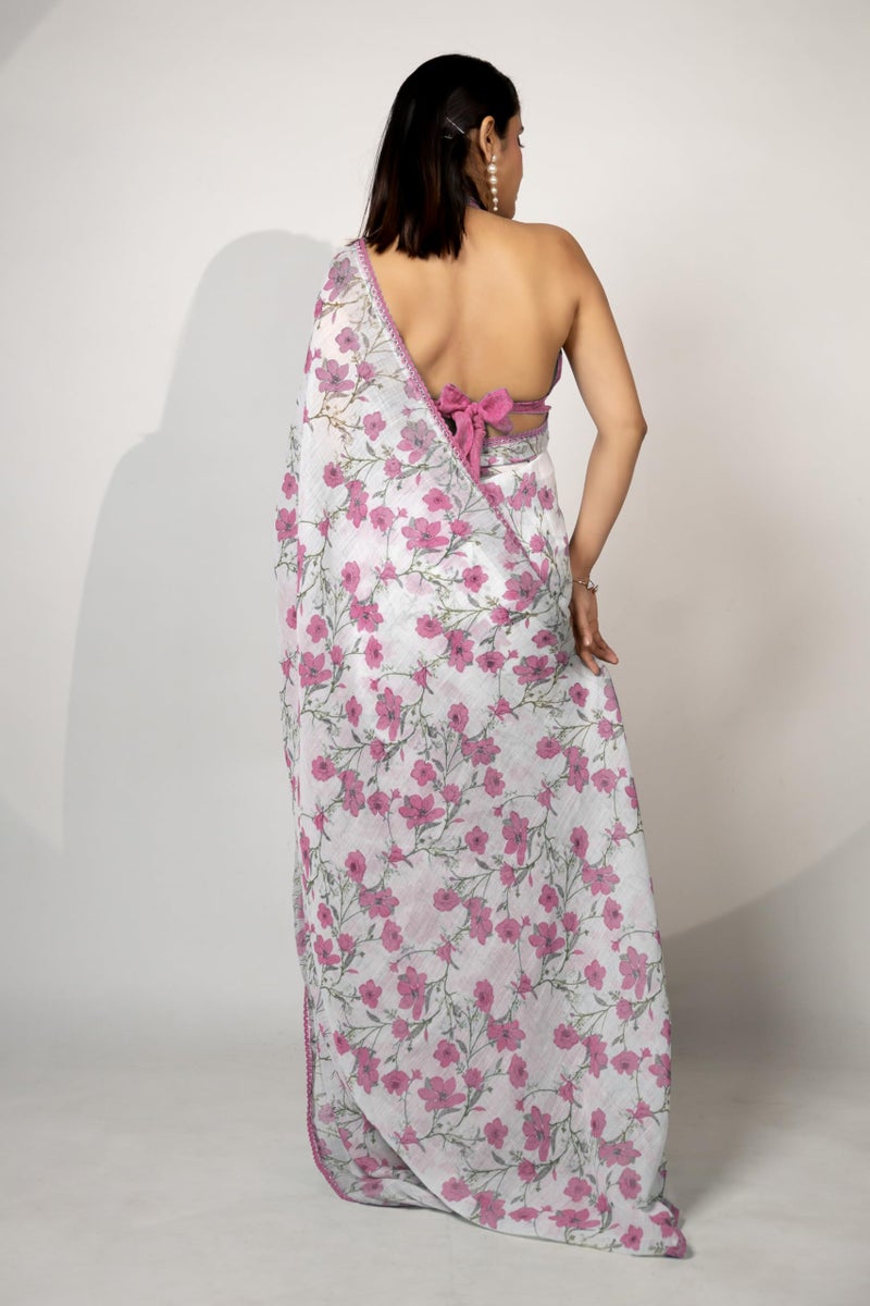 MIRCHI FASHION Saree for Woman Cotton Blend Floral Printed | Traditional Ethnic Sari for Farewell and Occasional Wear with Blouse Piece (White, Light Pink, Olive Green) - Image 4