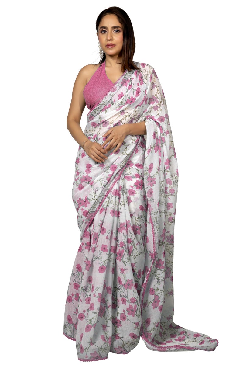 MIRCHI FASHION Saree for Woman Cotton Blend Floral Printed | Traditional Ethnic Sari for Farewell and Occasional Wear with Blouse Piece (White, Light Pink, Olive Green) - Image 1