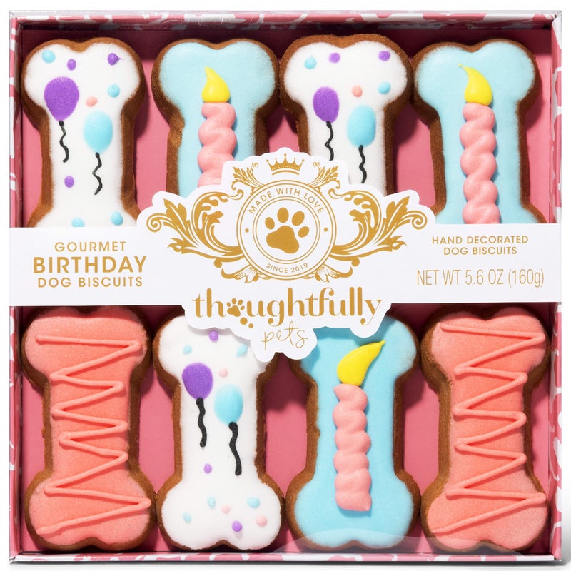 Thoughtfully Pets, Pink Dog Birthday Cookie Gift Set, Hand Decorated Crunchy Dog Treats in Bone Shapes, Great for Birthdays, Set of 8 - Image 1