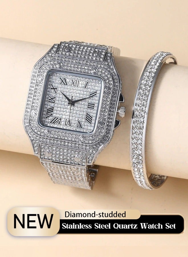 إكس أس في أو مجموعة من قطعتين -ساعة يد بلورية كوارتز متلألئة -ساعة إضافية لامعة من الألماس -شريط من الكروم -تأتي مع سوار مماثل -هدية عيد ميلاد لسيدة شابة - Image 1