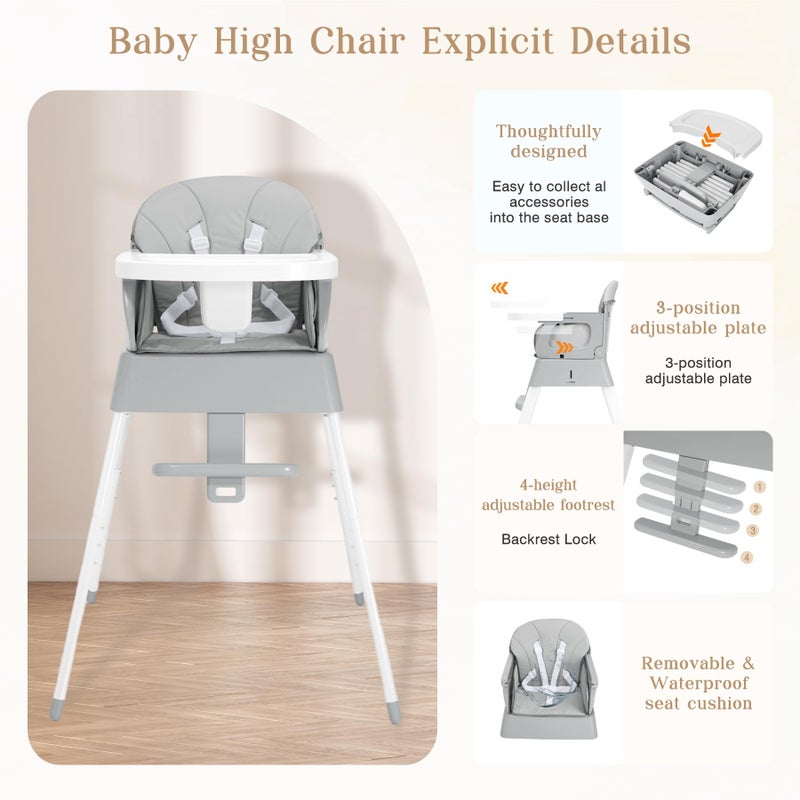 BABHAMNESS 5 in 1 Foldable Baby High Chair,Convertible Highchair for Babies and Toddlers-Portable Infant Booster Seat,Carry Small Box,Dining Chair,Toddler High Chair with 5-Point Harness,Removable Tray-Grey - Image 3