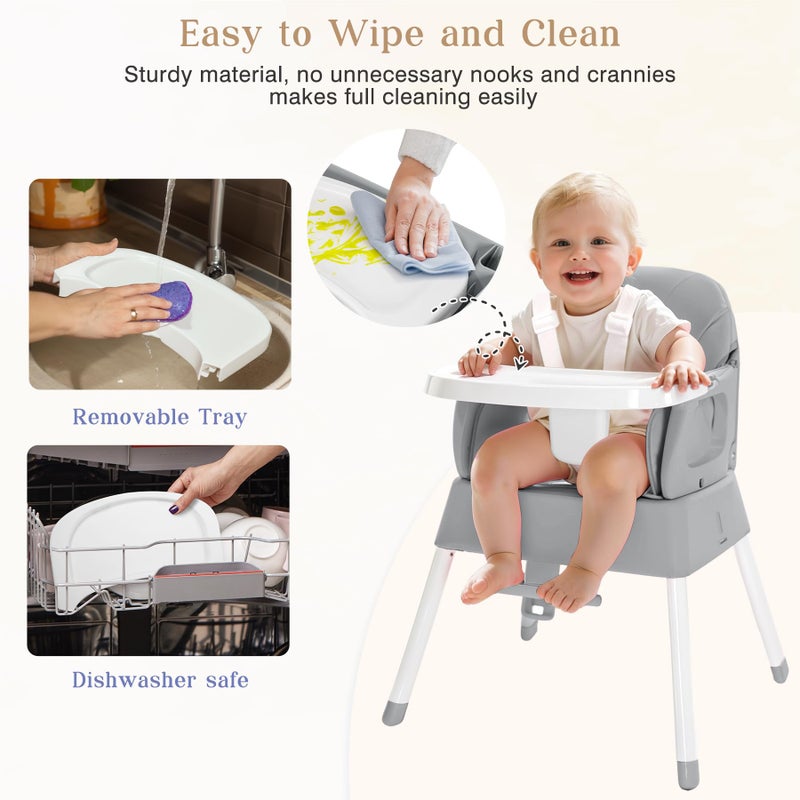 BABHAMNESS 5 in 1 Foldable Baby High Chair,Convertible Highchair for Babies and Toddlers-Portable Infant Booster Seat,Carry Small Box,Dining Chair,Toddler High Chair with 5-Point Harness,Removable Tray-Grey - Image 5