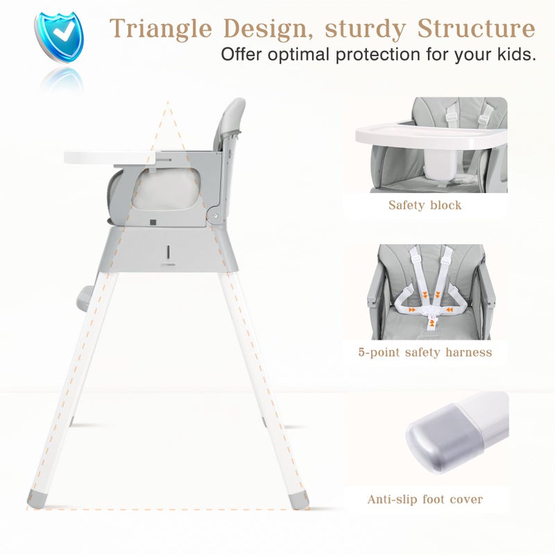 BABHAMNESS 5 in 1 Foldable Baby High Chair,Convertible Highchair for Babies and Toddlers-Portable Infant Booster Seat,Carry Small Box,Dining Chair,Toddler High Chair with 5-Point Harness,Removable Tray-Grey - Image 4