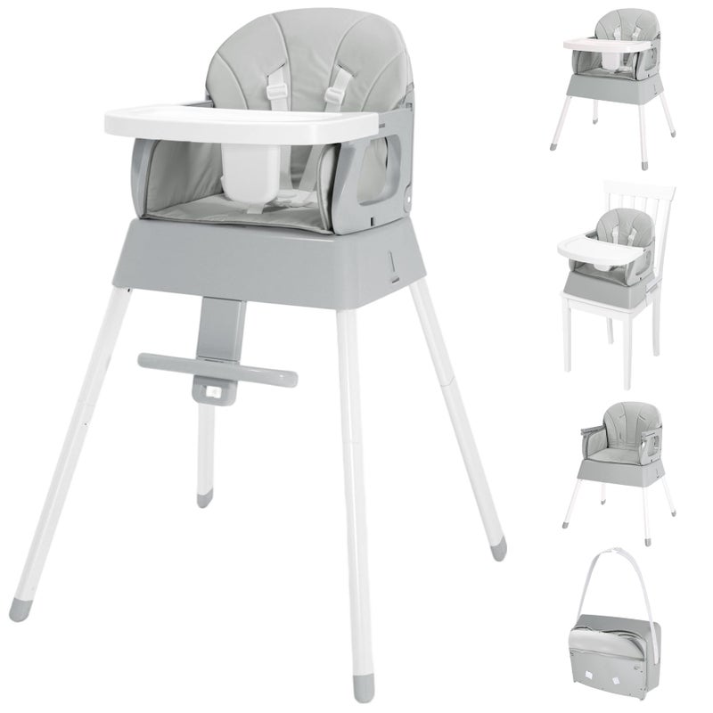 BABHAMNESS 5 in 1 Foldable Baby High Chair,Convertible Highchair for Babies and Toddlers-Portable Infant Booster Seat,Carry Small Box,Dining Chair,Toddler High Chair with 5-Point Harness,Removable Tray-Grey - Image 1