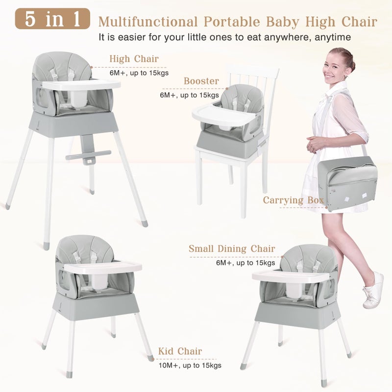 BABHAMNESS 5 in 1 Foldable Baby High Chair,Convertible Highchair for Babies and Toddlers-Portable Infant Booster Seat,Carry Small Box,Dining Chair,Toddler High Chair with 5-Point Harness,Removable Tray-Grey - Image 2
