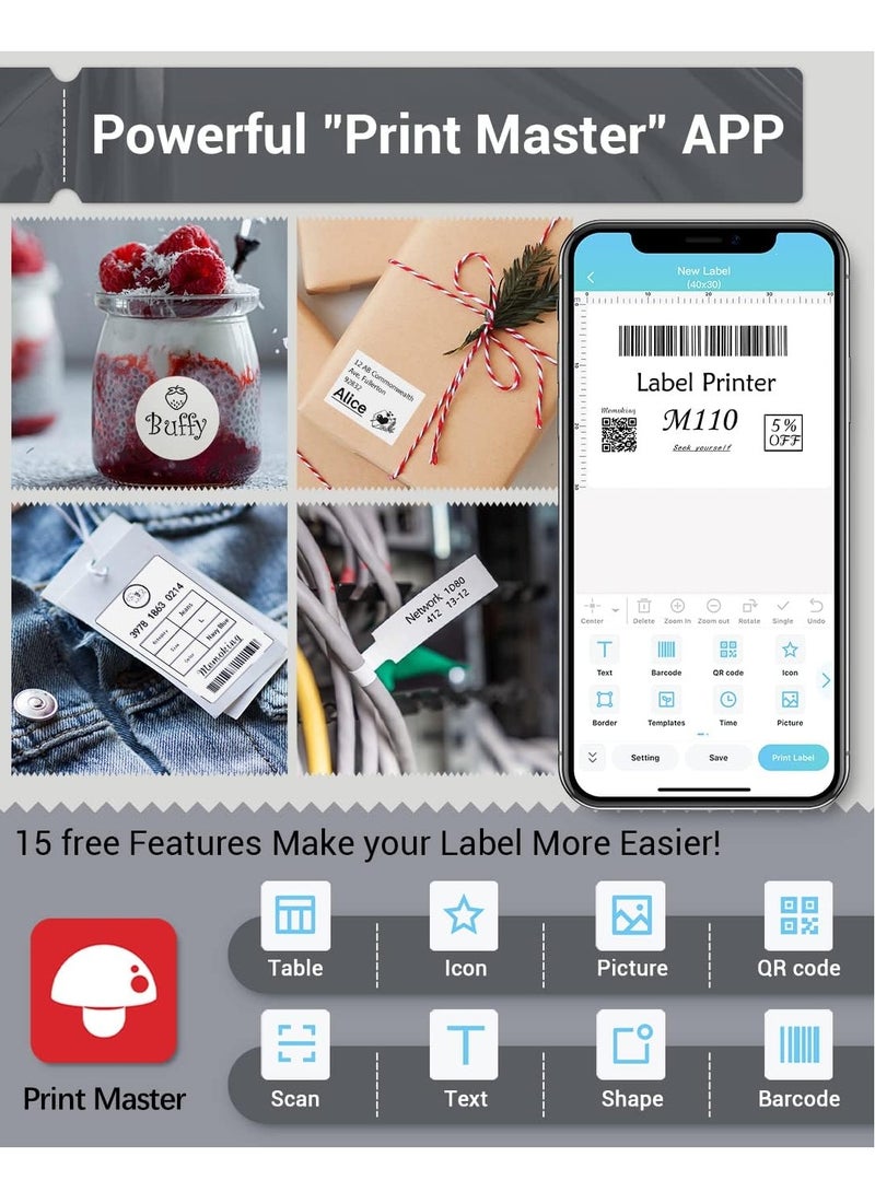 phomemo Phomemo M110 Portable Bluetooth Thermal Mini Label Maker Machine, Sticker Maker, Barcode Printer for Clothing, Jewelry, Retail, Mailing, Compatible with Android & iOS System (Black)  - Image 3