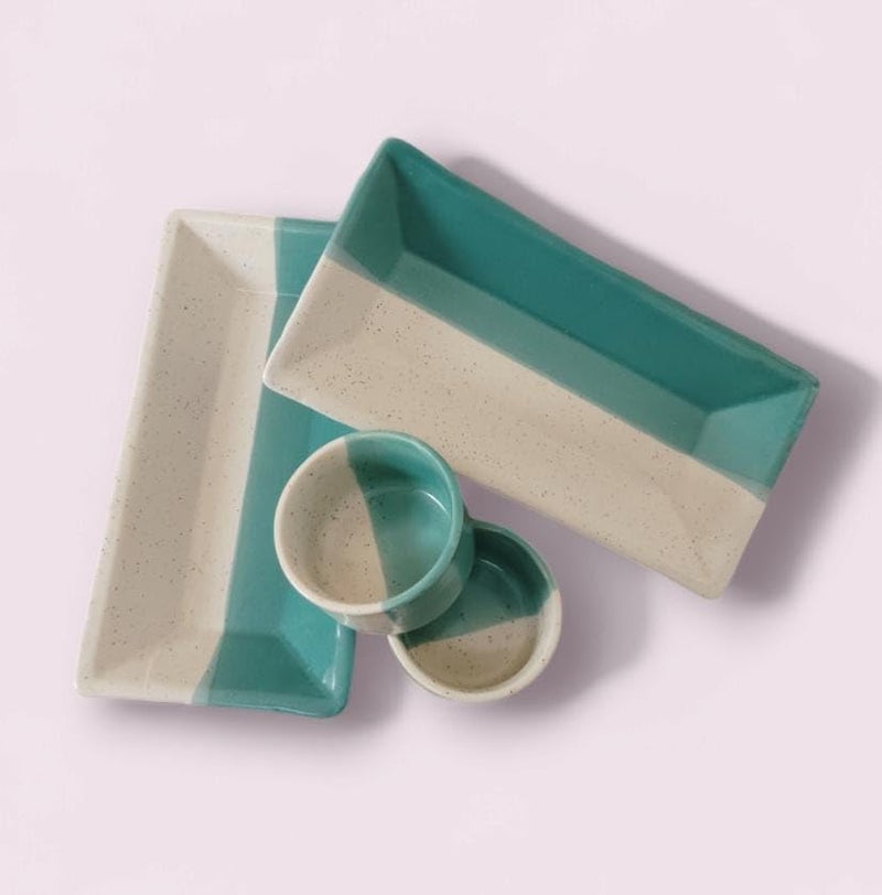 Calcine Stoneware Platter Set with 2 Dipping Bowls, Turquoise and Off-White - Image 1
