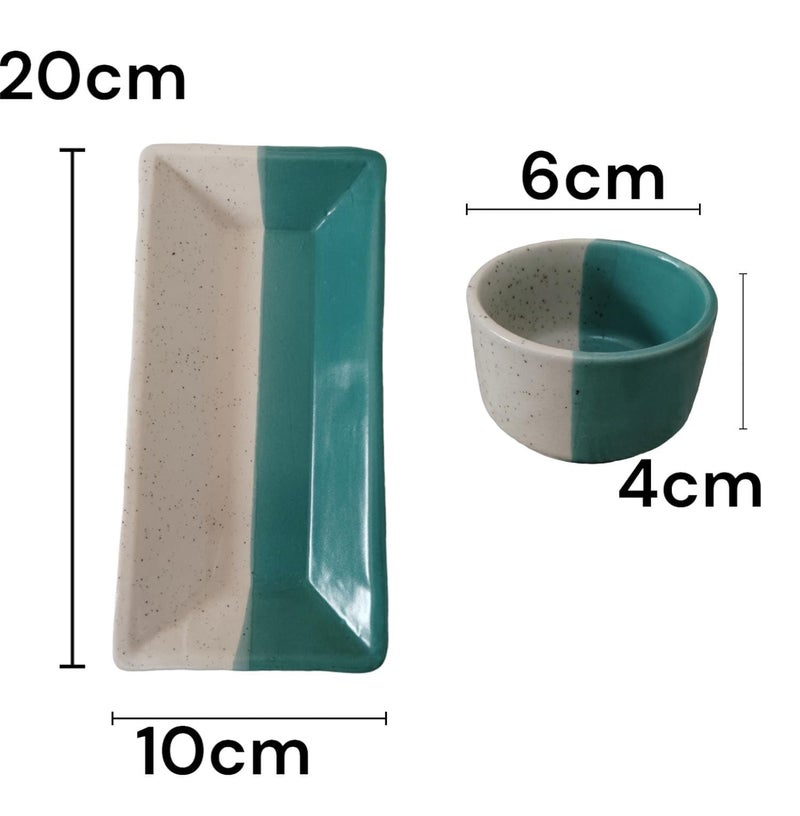Calcine Stoneware Platter Set with 2 Dipping Bowls, Turquoise and Off-White - Image 3