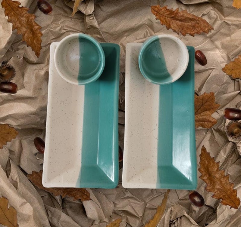 Calcine Stoneware Platter Set with 2 Dipping Bowls, Turquoise and Off-White - Image 2