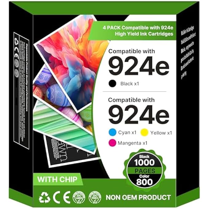 924 CARTRIDGES MULTIPACK COMPATIBLE WITH HP OFFICEJET PRO 8122E CARTRIDGES, 924E 924 XL PRINTER CARTRIDGES SET FOR HP 8132E 8130E 8124E 8135E 8134E 8125E 8120E ALL-IN-ONE PRINTER (BLACK, CYAN, YELLOW - Image 1