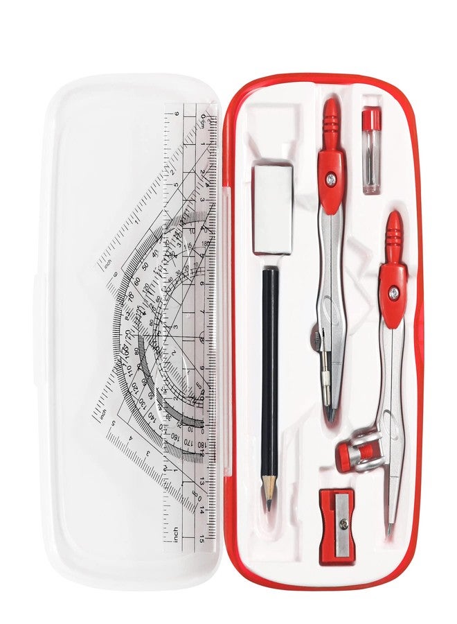 Vobou Math Geometry Kit Sets 10 Piece Student Supplies with Shatterproof Storage Box,Includes Rulers,Protractor,Compass,Eraser,Pencil Sharpener,Lead Refills,Pencil,for Drafting and Drawings（Red） - Image 1