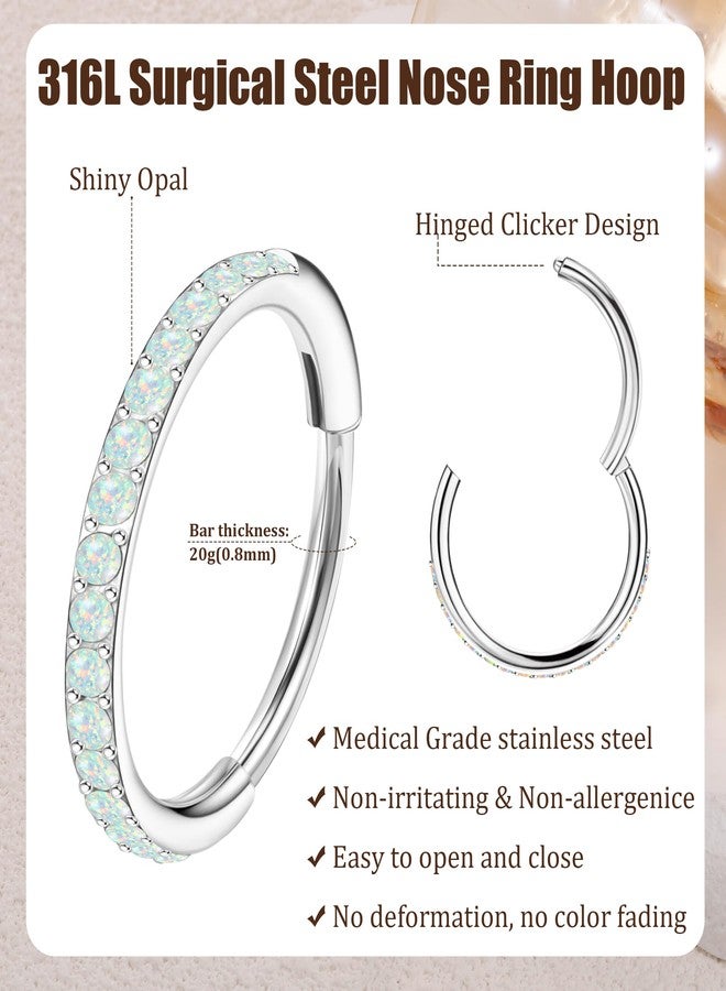 MJust Opal Nose Hoops for Women Men - 316L Surgical Steel Hinged Nose Rings 20G Clicker Septum Nose Ring Lip Helix Cartilage Hoop Earring Daith Rook Conch Body Piercing Jewelry 6MM 7MM 8MM 10MM - Image 2