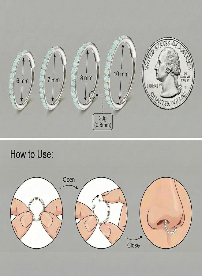MJust Opal Nose Hoops for Women Men - 316L Surgical Steel Hinged Nose Rings 20G Clicker Septum Nose Ring Lip Helix Cartilage Hoop Earring Daith Rook Conch Body Piercing Jewelry 6MM 7MM 8MM 10MM - Image 3