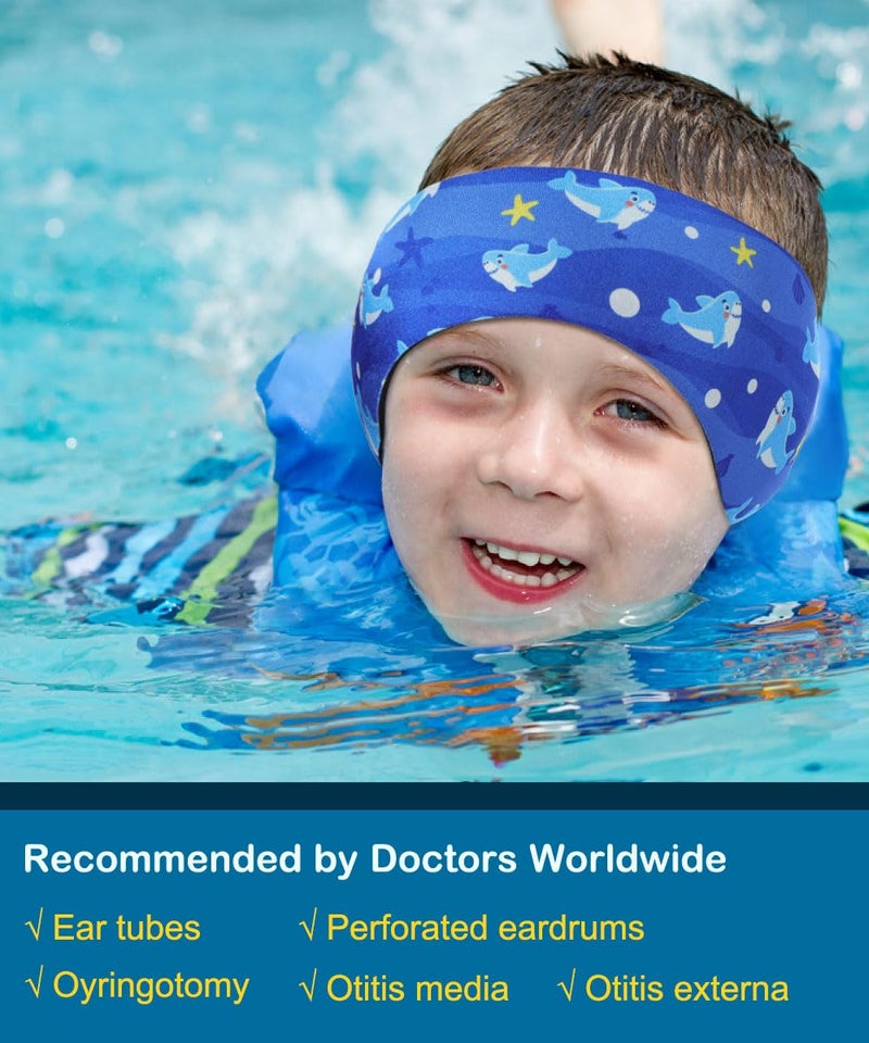MoKo Cute Shark Waterproof Swimming Headband - Ear Protection for Kids' Bathing and Swimming, M Size - Dark Blue - Image 2