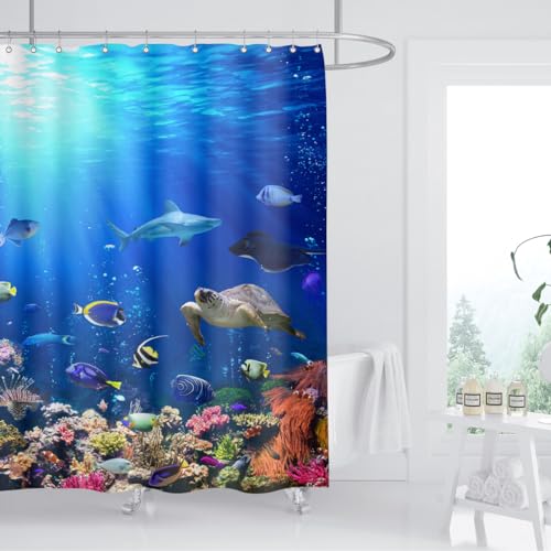 ZXMBF Ocean Underwater World Shower Curtain Colorful Tropical Fishes Turtle Coral in The Deep Sea Home Décor Waterproof Fabric 72Lx72W Inch Blue Plastic Hooks 12PCS - Image 2