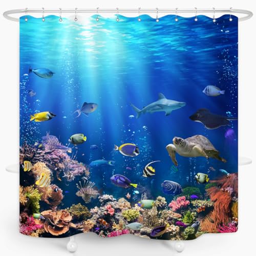 ZXMBF Ocean Underwater World Shower Curtain Colorful Tropical Fishes Turtle Coral in The Deep Sea Home Décor Waterproof Fabric 72Lx72W Inch Blue Plastic Hooks 12PCS - Image 3
