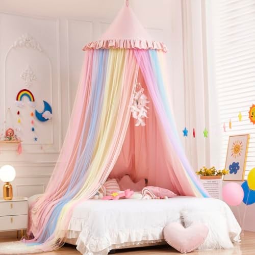 Kertnic Rainbow Bed Canopy for Girls Dreamy Mosquito Net for Bed Round Dome Princess Bed Canopy Girl Room Play Tent Kids Canopy Bed Netting Curtains (Beige Pink Rainbow) - Image 3