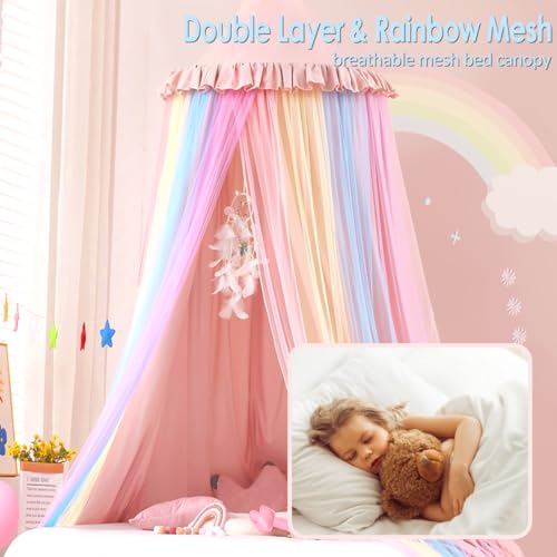 Kertnic Rainbow Bed Canopy for Girls Dreamy Mosquito Net for Bed Round Dome Princess Bed Canopy Girl Room Play Tent Kids Canopy Bed Netting Curtains (Beige Pink Rainbow) - Image 2