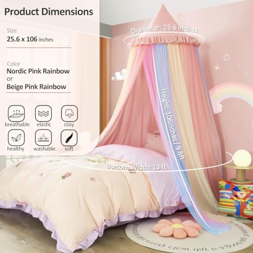 Kertnic Rainbow Bed Canopy for Girls Dreamy Mosquito Net for Bed Round Dome Princess Bed Canopy Girl Room Play Tent Kids Canopy Bed Netting Curtains (Beige Pink Rainbow) - Image 5