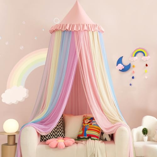 Kertnic Rainbow Bed Canopy for Girls Dreamy Mosquito Net for Bed Round Dome Princess Bed Canopy Girl Room Play Tent Kids Canopy Bed Netting Curtains (Beige Pink Rainbow) - Image 1
