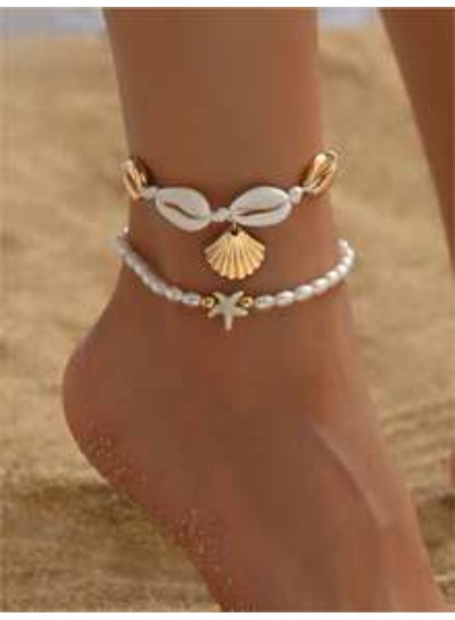 Shein 2pcs/Set Beach Resort Pearl Starfish Beaded Anklet, Summer Island Style Shell Braided Gold Metal Alloy Shell Pendant Women Foot Jewelry For Beach, Travel, Date & Everyday Wear - Image 1