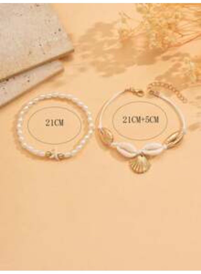 Shein 2pcs/Set Beach Resort Pearl Starfish Beaded Anklet, Summer Island Style Shell Braided Gold Metal Alloy Shell Pendant Women Foot Jewelry For Beach, Travel, Date & Everyday Wear - Image 3