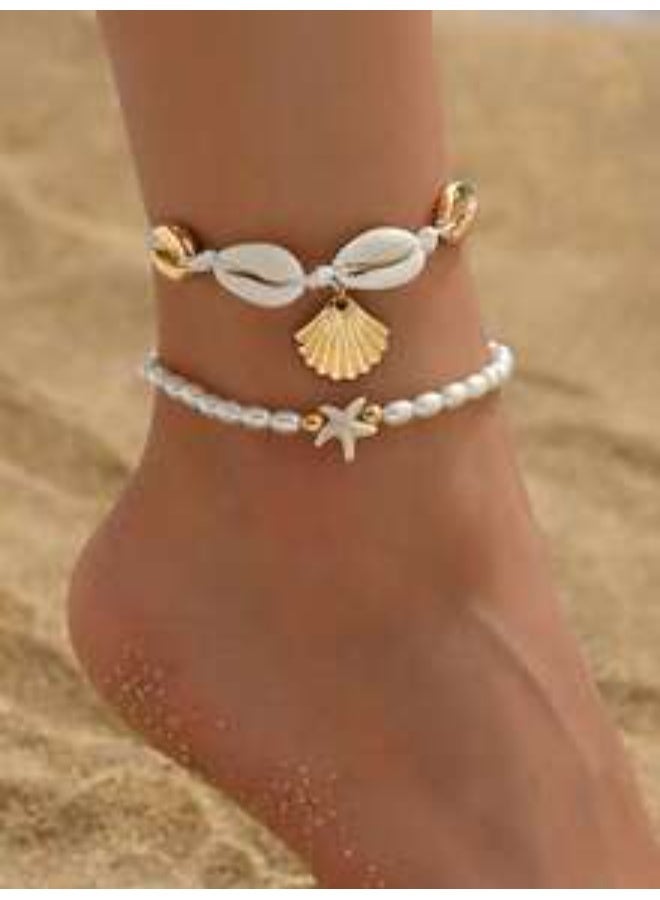 Shein 2pcs/Set Beach Resort Pearl Starfish Beaded Anklet, Summer Island Style Shell Braided Gold Metal Alloy Shell Pendant Women Foot Jewelry For Beach, Travel, Date & Everyday Wear - Image 5