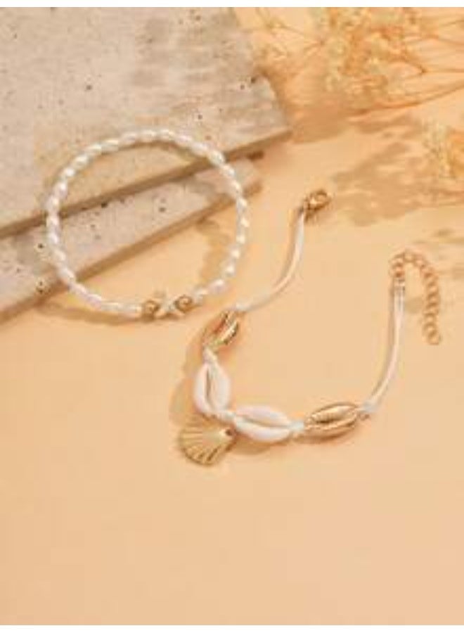 Shein 2pcs/Set Beach Resort Pearl Starfish Beaded Anklet, Summer Island Style Shell Braided Gold Metal Alloy Shell Pendant Women Foot Jewelry For Beach, Travel, Date & Everyday Wear - Image 4