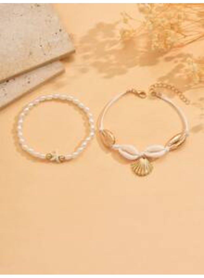 Shein 2pcs/Set Beach Resort Pearl Starfish Beaded Anklet, Summer Island Style Shell Braided Gold Metal Alloy Shell Pendant Women Foot Jewelry For Beach, Travel, Date & Everyday Wear - Image 2