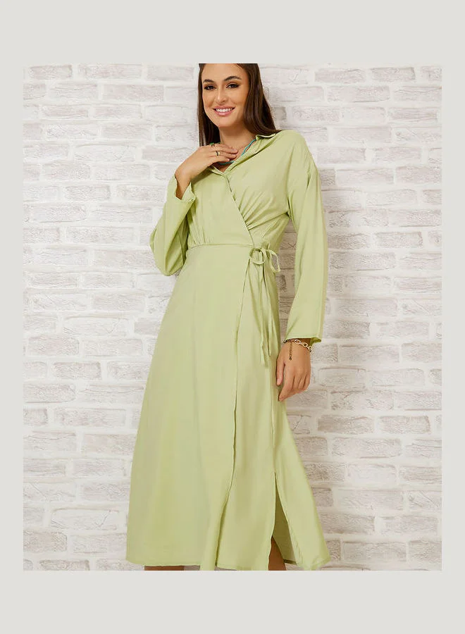 Styli Long Sleeves Wrap Around Midi Dress