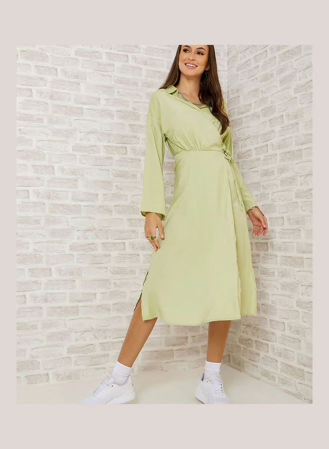 Styli Long Sleeves Wrap Around Midi Dress