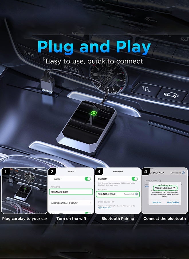 عربست محول CarPlay لاسلكي مُحسَّن للآيفون: يحوّل الاتصال السلكي إلى لاسلكي، يتميز بعدم وجود تأخير، والاتصال التلقائي، والتحكم المستقر؛ بتصميم صغير الحجم ومرفق بكابل تمديد USB-C وType-C (اللون الأسود). - Image 2