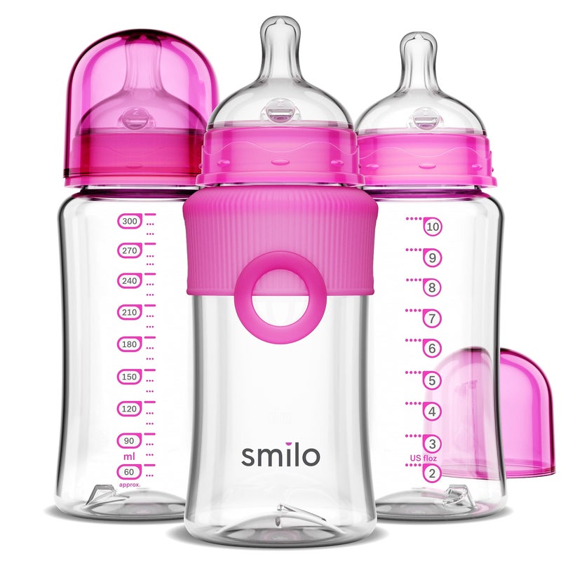 Smilo Baby Bottle Set with Stage 0 Slow Flow Anti Colic Nipple, 10 Oz / 300 ml Capacity, 3X Pack of Anti Colic Baby Bottles 0-3 Months - Pink - Image 1