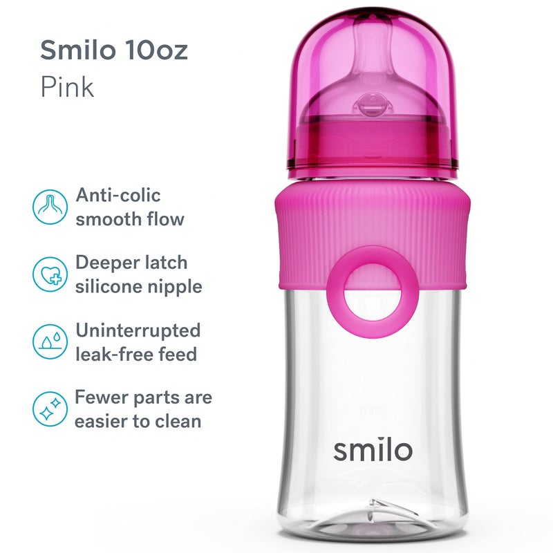 Smilo Baby Bottle Set with Stage 0 Slow Flow Anti Colic Nipple, 10 Oz / 300 ml Capacity, 3X Pack of Anti Colic Baby Bottles 0-3 Months - Pink - Image 2