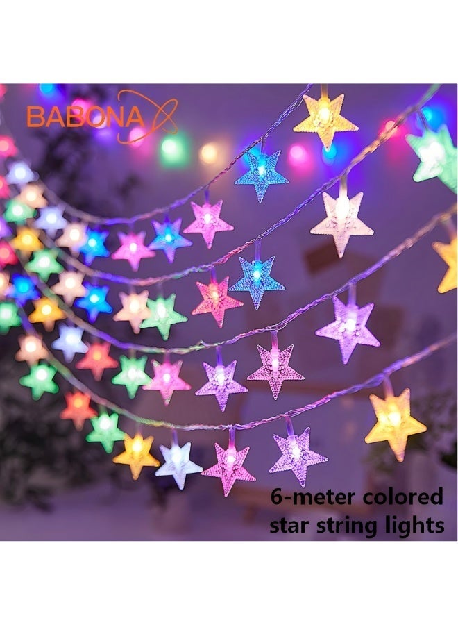 BABONA Star LED String Lights, Ramadan LED Lights, 6-Meter Colorful Curtain and String Lights, Battery Operated, Ramadan and Eid Decorations for Home, Bedroom and Window - Image 1