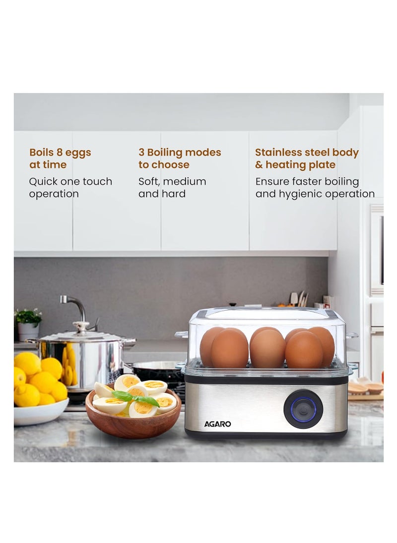 AGARO AGARO Grand Egg Boiler and Poacher,2-in1 Boils 8 Eggs, Poach 4 Eggs, Steamed Vegetables, 3 Boiling Modes, Stainless Steel Body, Transparent Lid, 500 Watts, Silver  - Image 2