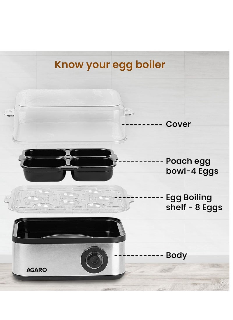 AGARO AGARO Grand Egg Boiler and Poacher,2-in1 Boils 8 Eggs, Poach 4 Eggs, Steamed Vegetables, 3 Boiling Modes, Stainless Steel Body, Transparent Lid, 500 Watts, Silver  - Image 3