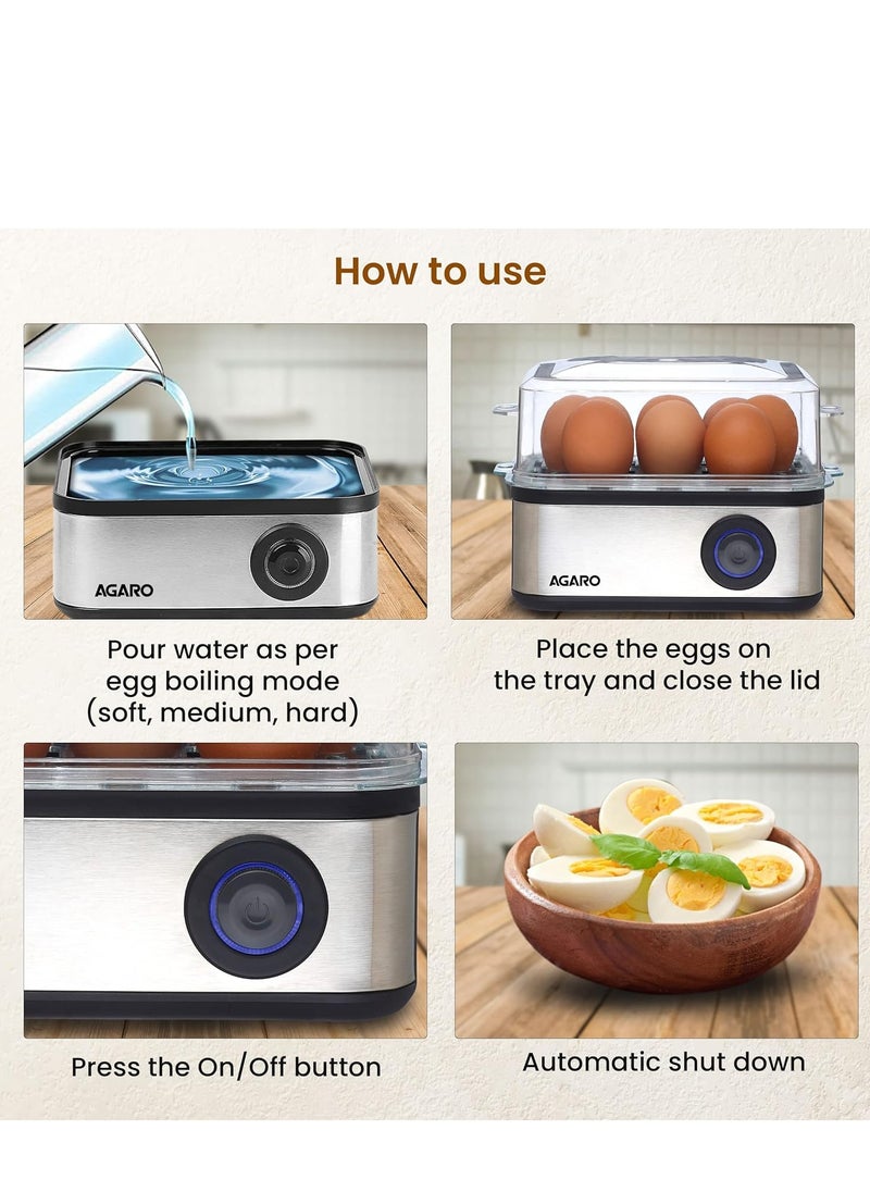 AGARO AGARO Grand Egg Boiler and Poacher,2-in1 Boils 8 Eggs, Poach 4 Eggs, Steamed Vegetables, 3 Boiling Modes, Stainless Steel Body, Transparent Lid, 500 Watts, Silver  - Image 4