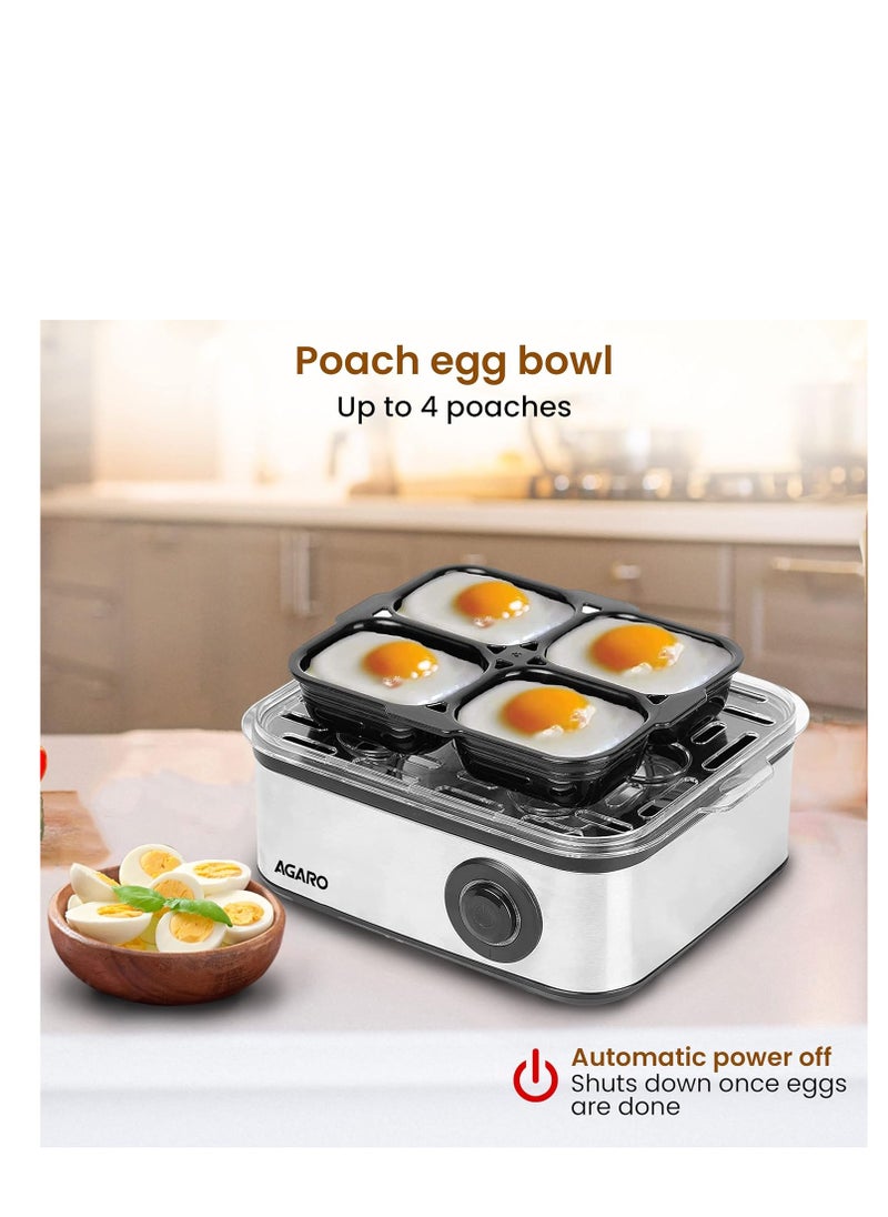 AGARO AGARO Grand Egg Boiler and Poacher,2-in1 Boils 8 Eggs, Poach 4 Eggs, Steamed Vegetables, 3 Boiling Modes, Stainless Steel Body, Transparent Lid, 500 Watts, Silver  - Image 5