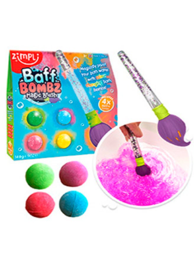 Zimpli Kids BAFF BOMBZ Magic Brush Bath Set, Magic Paint Brush with 4 Colourful Bath Bombs, Colour Changing Fizzing Bath Time Toy, Skin Safe, Drain Safe, Easy Clean, Stain Free - Image 1