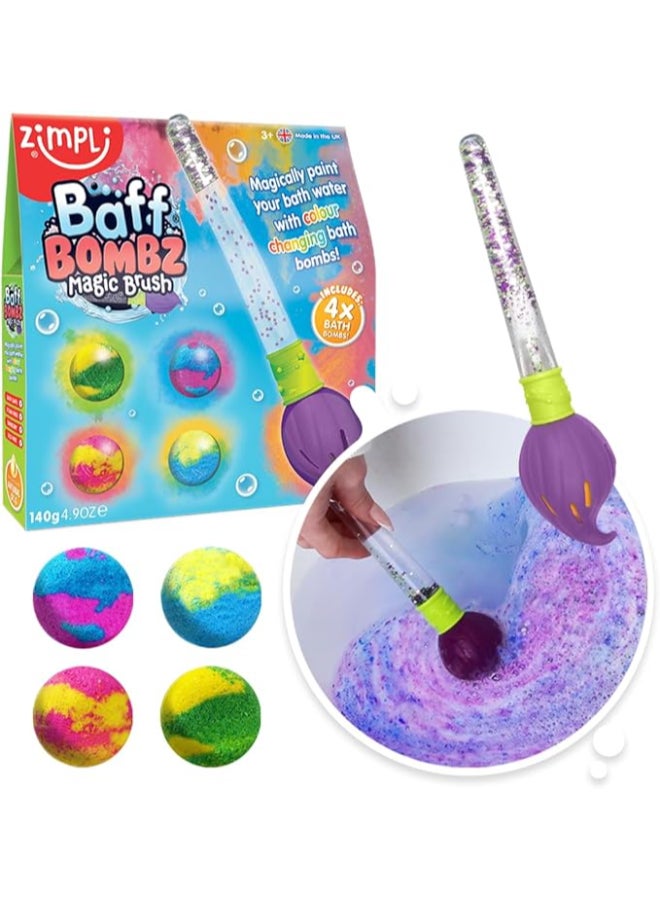 Zimpli Kids BAFF BOMBZ Magic Brush Bath Set, Magic Paint Brush with 4 Colourful Bath Bombs, Colour Changing Fizzing Bath Time Toy, Skin Safe, Drain Safe, Easy Clean, Stain Free - Image 2