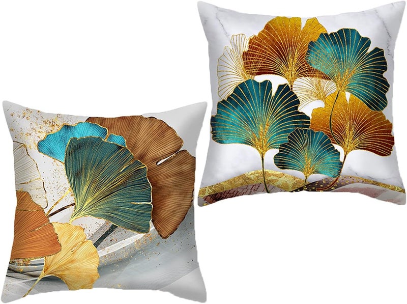 F Finerease Throw Pillow Cover Farhouse Plant Leaves - 18 x 18 Inch Gold Ginkgo Leaf Pillow Cushion Cover - Set of 2 Square Marble Pillow Cushion Case, Great for Sofa, Bedroom, Chair, Yard, Outdoor Decor - Image 1