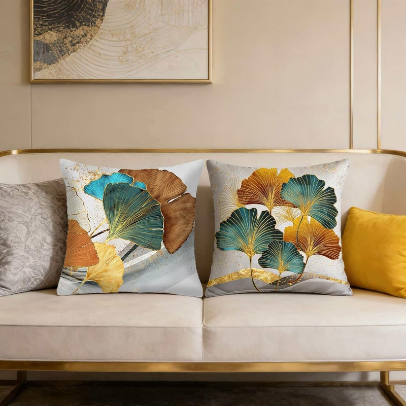 F Finerease Throw Pillow Cover Farhouse Plant Leaves - 18 x 18 Inch Gold Ginkgo Leaf Pillow Cushion Cover - Set of 2 Square Marble Pillow Cushion Case, Great for Sofa, Bedroom, Chair, Yard, Outdoor Decor - Image 3
