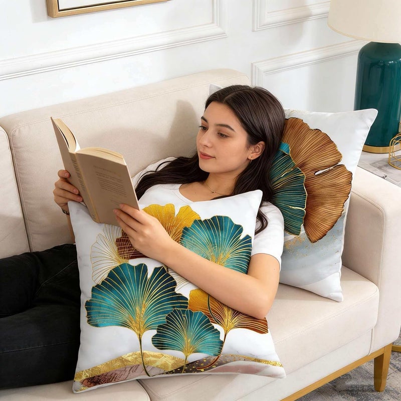 F Finerease Throw Pillow Cover Farhouse Plant Leaves - 18 x 18 Inch Gold Ginkgo Leaf Pillow Cushion Cover - Set of 2 Square Marble Pillow Cushion Case, Great for Sofa, Bedroom, Chair, Yard, Outdoor Decor - Image 4