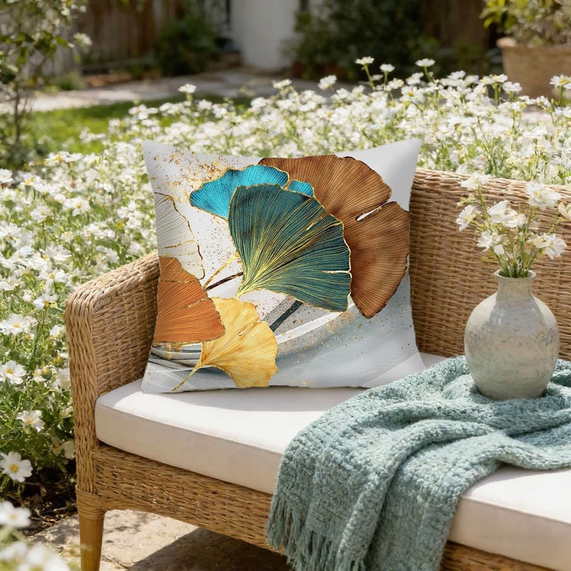 F Finerease Throw Pillow Cover Farhouse Plant Leaves - 18 x 18 Inch Gold Ginkgo Leaf Pillow Cushion Cover - Set of 2 Square Marble Pillow Cushion Case, Great for Sofa, Bedroom, Chair, Yard, Outdoor Decor - Image 2