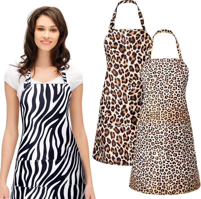 JenPen 3 Pcs Leopard Print Cosmetology Aprons 27 x 25 inch Animal Leopard Zebra Print Hairdresser Apron Waitress Server Aprons with 3 Pockets Waterproof Apron for Hair Stylist Nail Tech Makeup Artist - Image 1