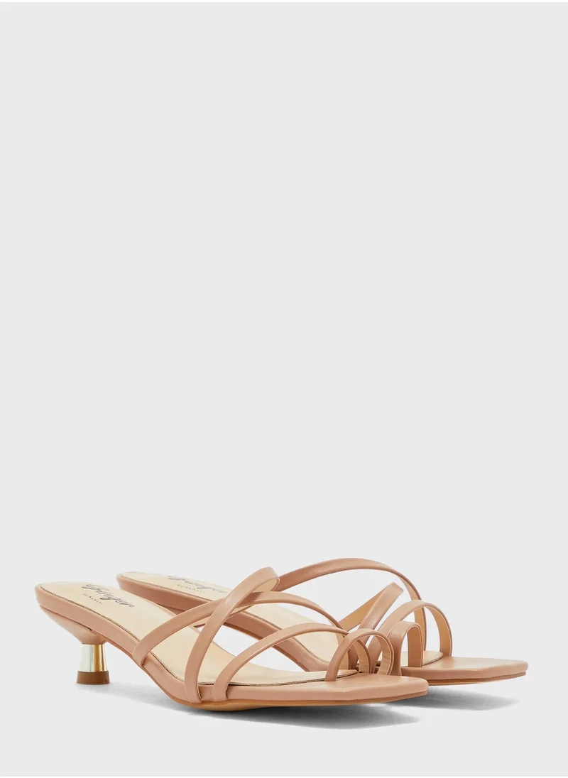Ginger Strappy Square Toe Mule With Gold Kitten Heel