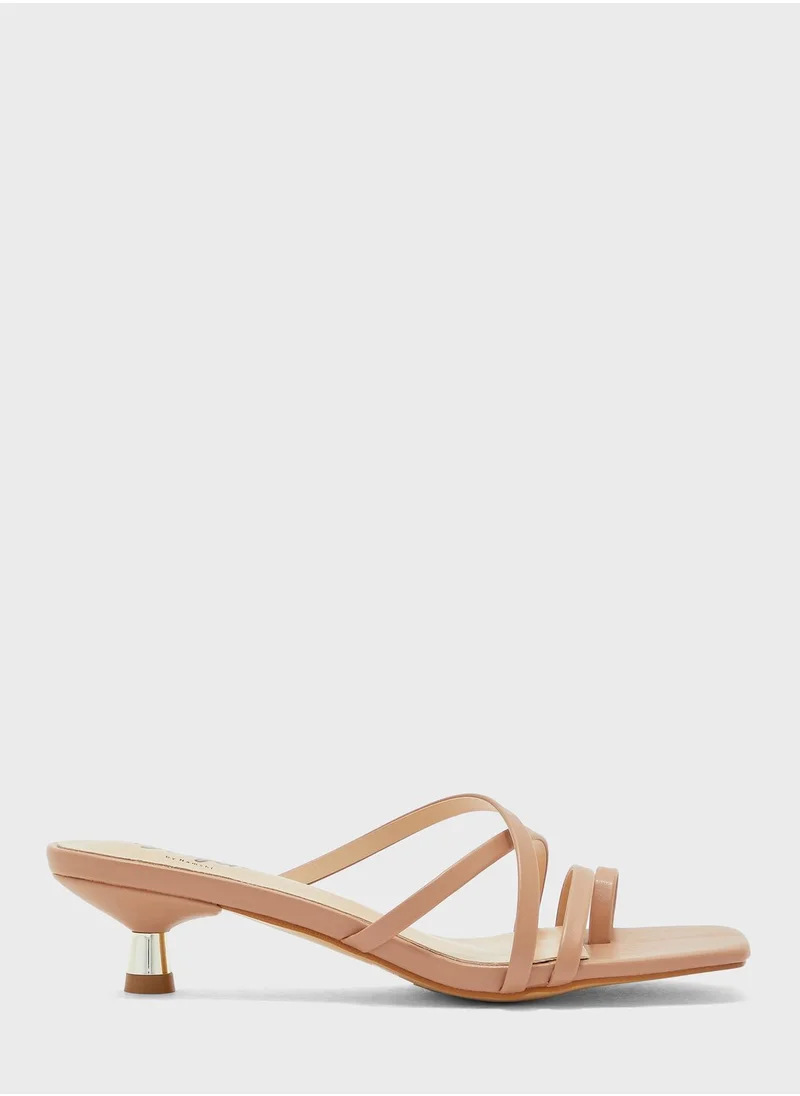 Ginger Strappy Square Toe Mule With Gold Kitten Heel