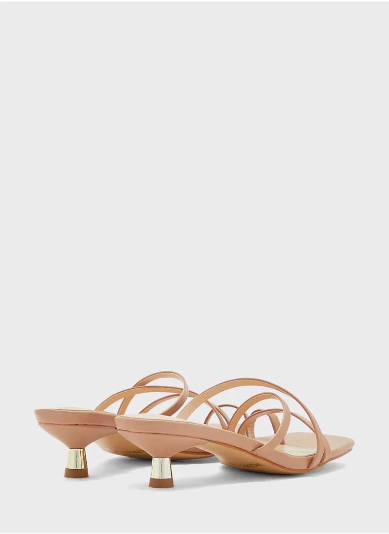 Ginger Strappy Square Toe Mule With Gold Kitten Heel